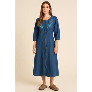 Blair Blue Denim Midi Dress with Blue Floral Embroidery